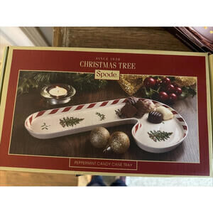 Spode Christmas Tree Peppermint Candy Cane Tray Snack Dish NIB 2 Avail